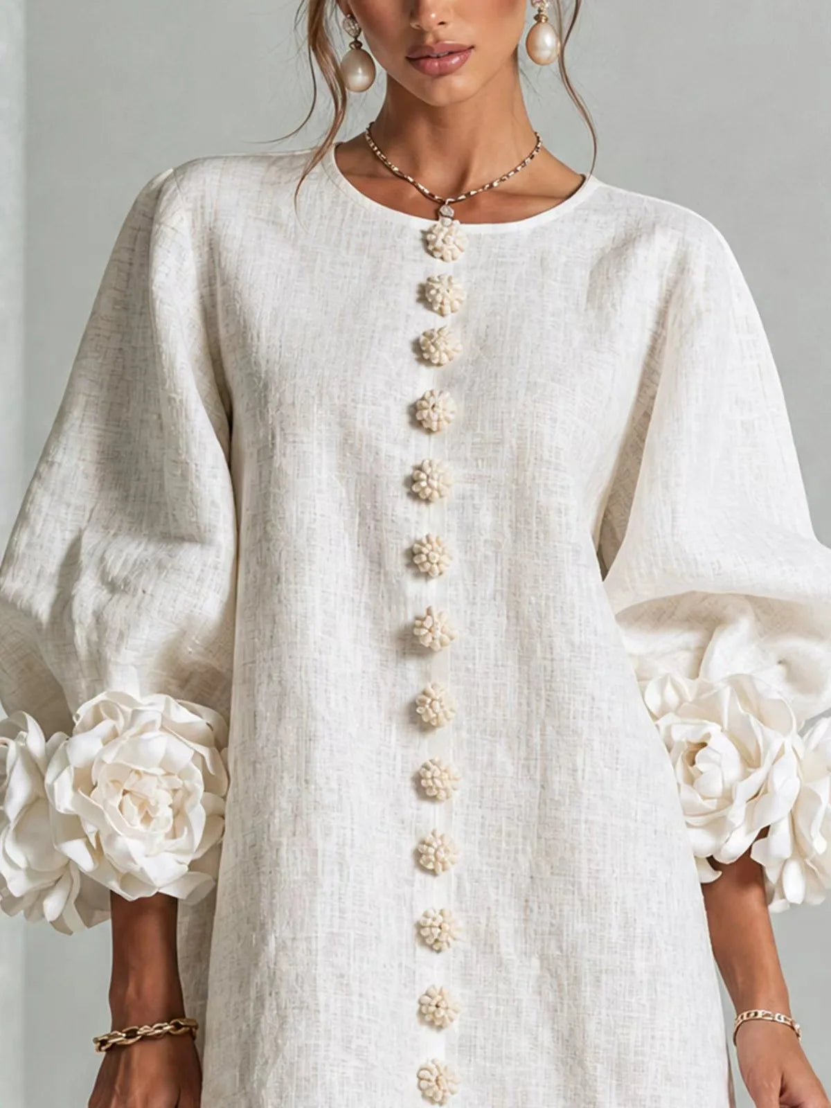 French-style Three-dimensional Flower Lantern Sleeve Cotton-linen Dress with a Round Neck, Single Button Closure, Loose Fit, and