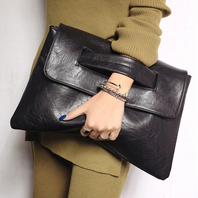 PU Leather Envelope Crossbody Clutch — Black | KIMLUD