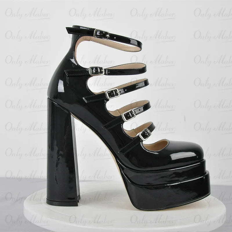 Pumps – Buckle Strap Platform – Patent Leather – Black | KIMLUD