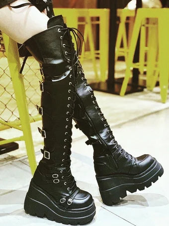 Over-the-Knee Boots – Gothic Wedge Platform – PU | KIMLUD