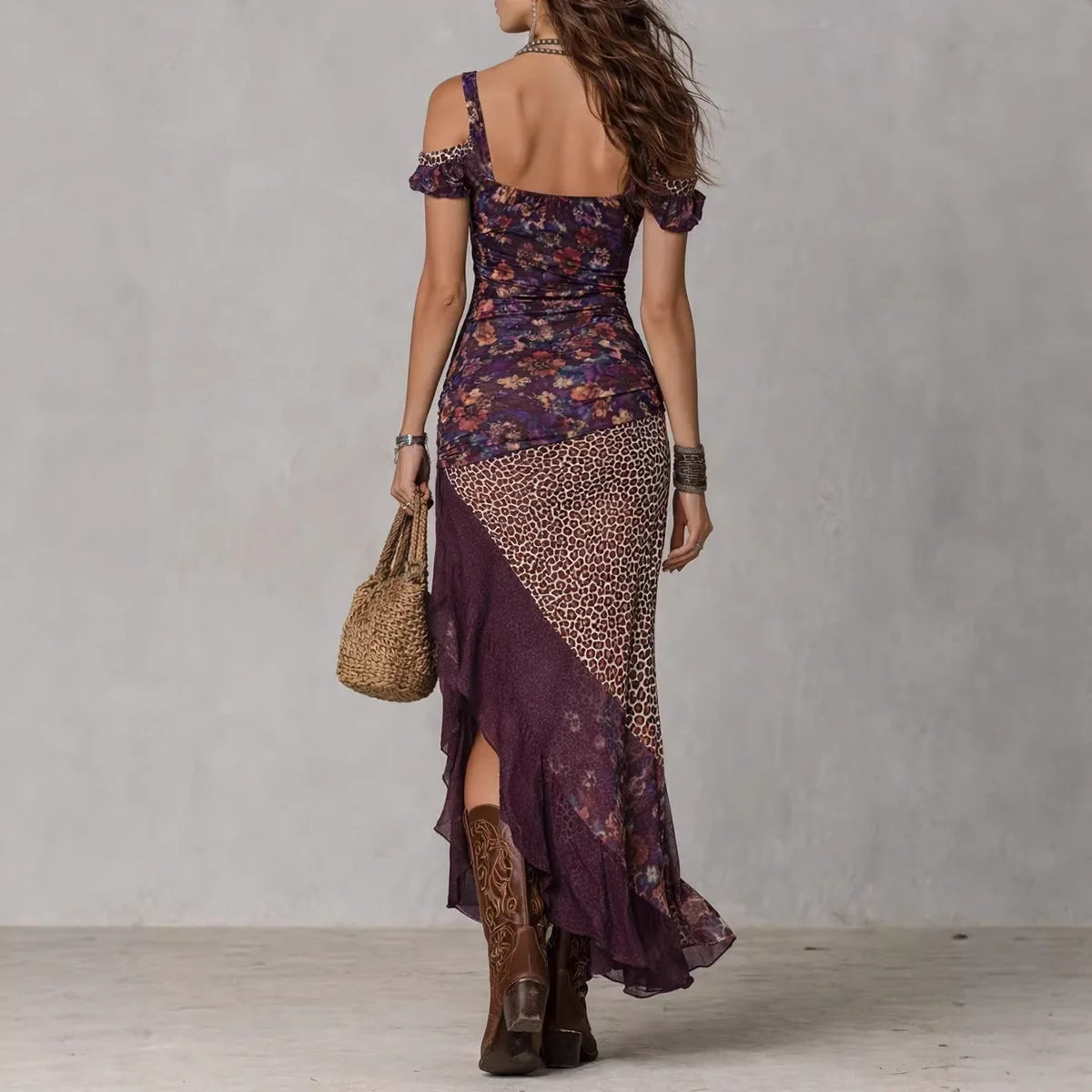 Polyester Floral Patchwork Dress — Multicolor | KIMLUD