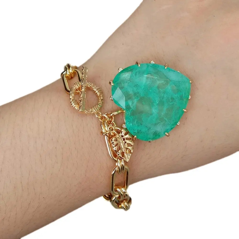 Yellow Gold Plated Heart Charm Bracelet — Green | KIMLUD