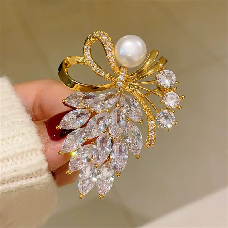 Gold-Tone Ribbon Bow Brooch With Faux Pearl Accent — Gold | KIMLUD