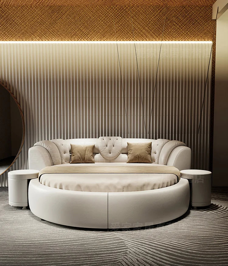 European Style Round Bed Luxury Leather Surface — Ivory White | KIMLUD