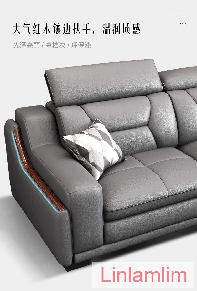 Italian Genuine Leather Sofa Featuring Bluetooth Speaker — Slate Gray | KIMLUD