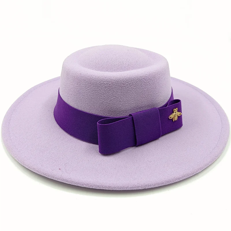 Wholesale Fedora hats Winter round concave convex surface flat top bow elastic ribbon men&#39;s and women&#39;s felt jazz hats Fedora - KIMLUD