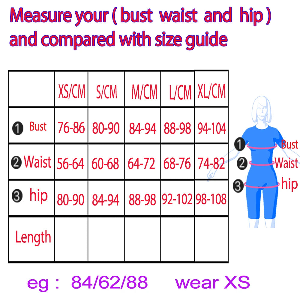 Measurement chart for bust, waist, and hip with size guide and example measurement shown.
