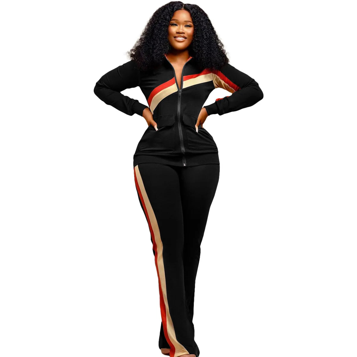 Slim Zippered V-Neck Two-Piece Suit Jacket — Black | KIMLUD
