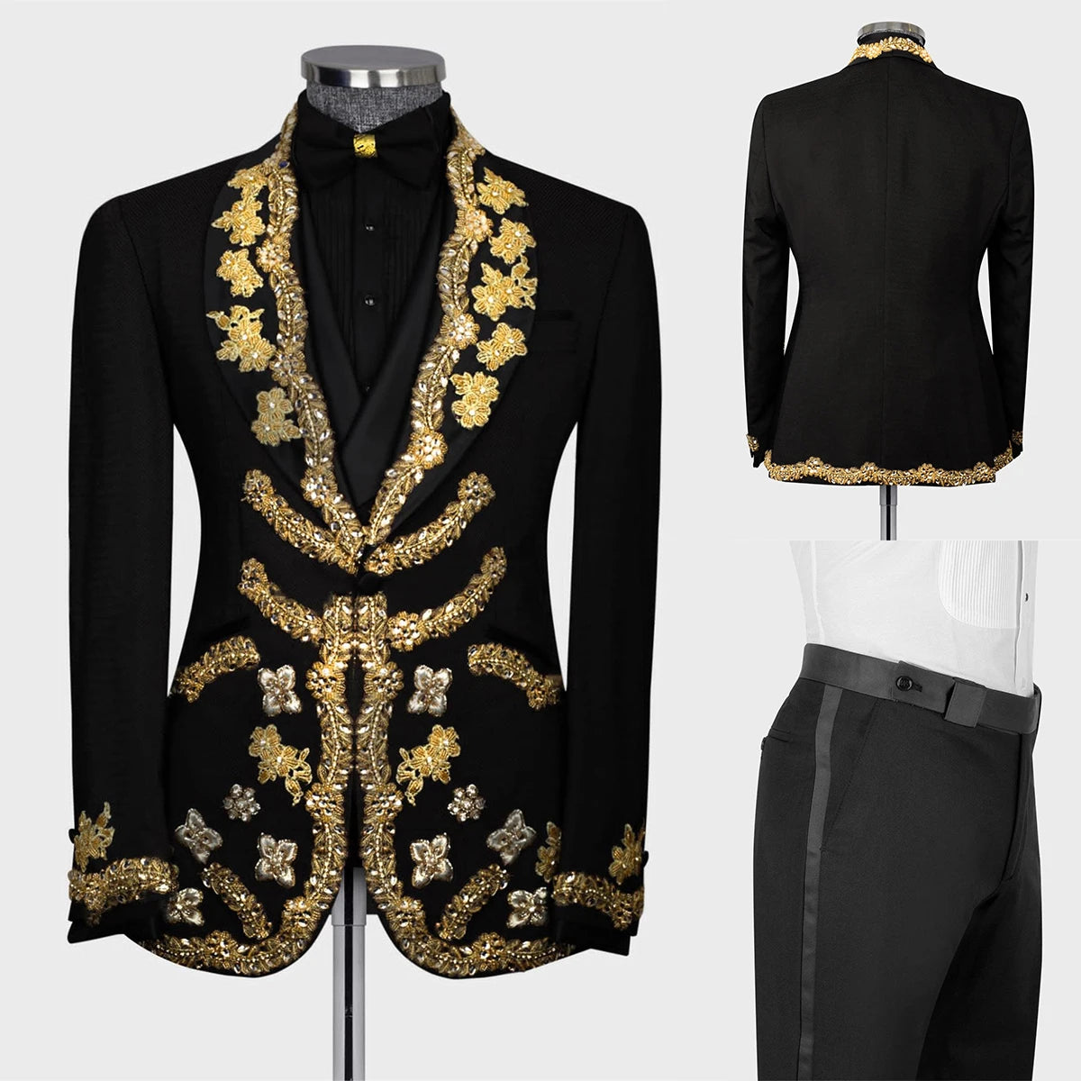 Luxury Men's Suits Tailored 2 Pieces Blazer Pants One Button Wedding Sheer Lapel Gold Appliques Diamonds Custom Made Plus Size