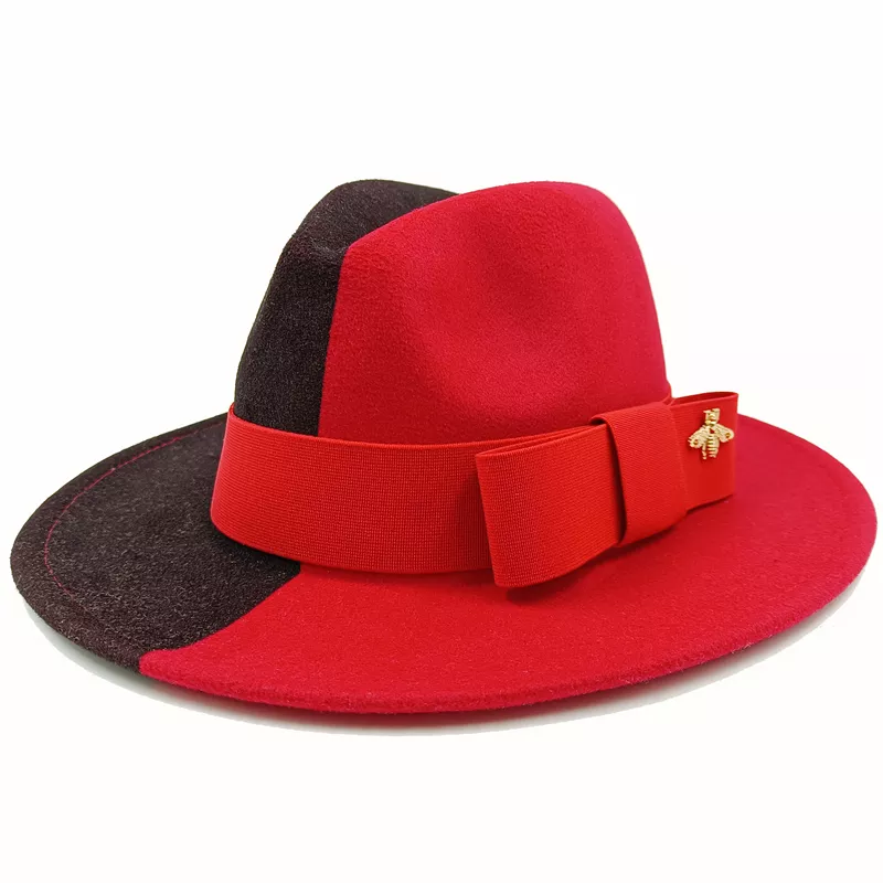 Wholesale Fedora hats Winter round concave convex surface flat top bow elastic ribbon men&#39;s and women&#39;s felt jazz hats Fedora - KIMLUD
