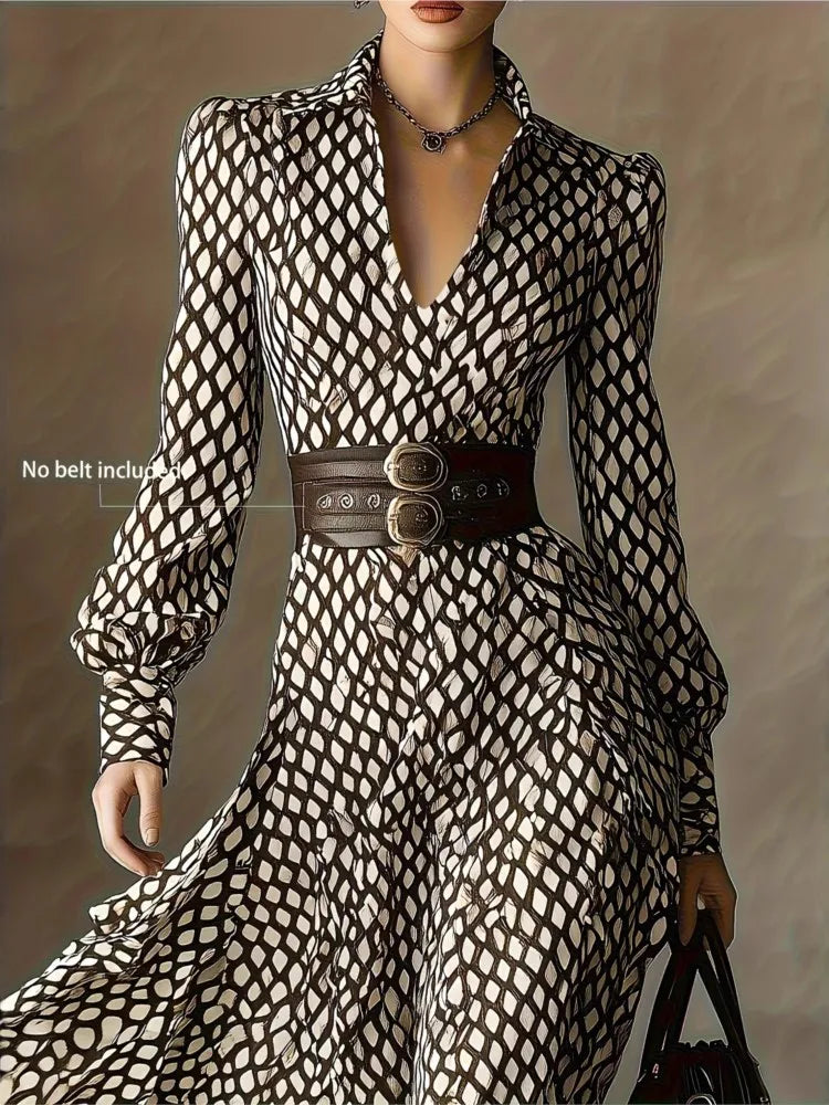 Lantern Long Sleeve Dress - Lapel Print - Jersey - Mid-Calf | KIMLUD