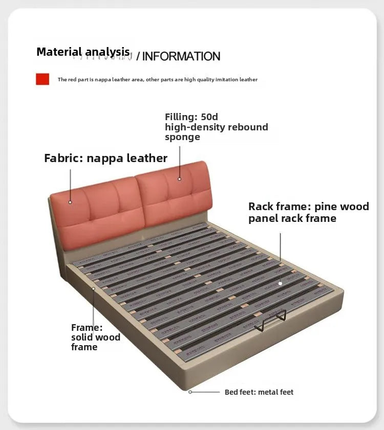 Modern Minimalism Genuine Napa Leather Bed With Built-In Storage Drawers — Beige | KIMLUD