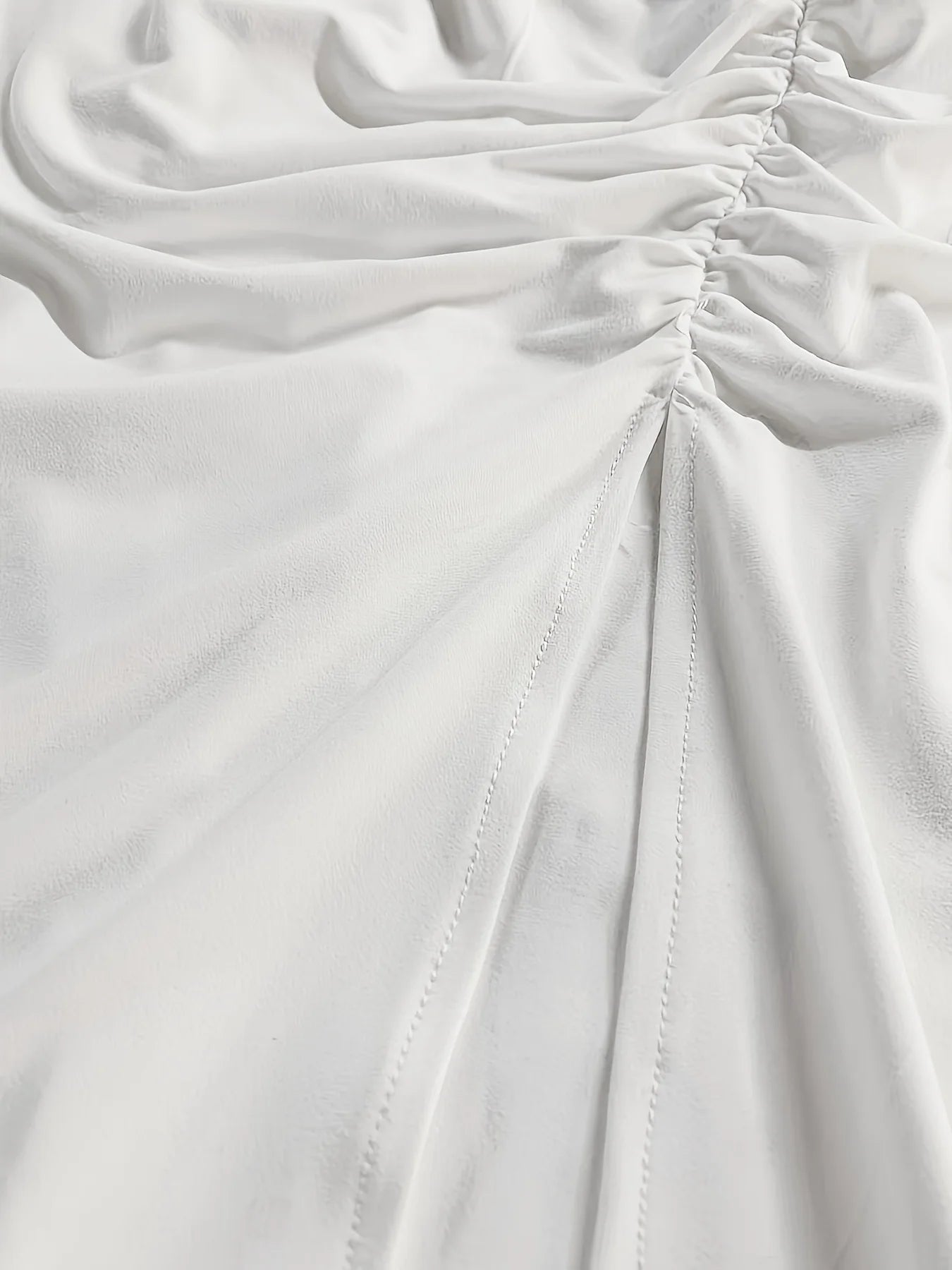 Knit Solid High-Neck Ruched Dress — Ivory | KIMLUD