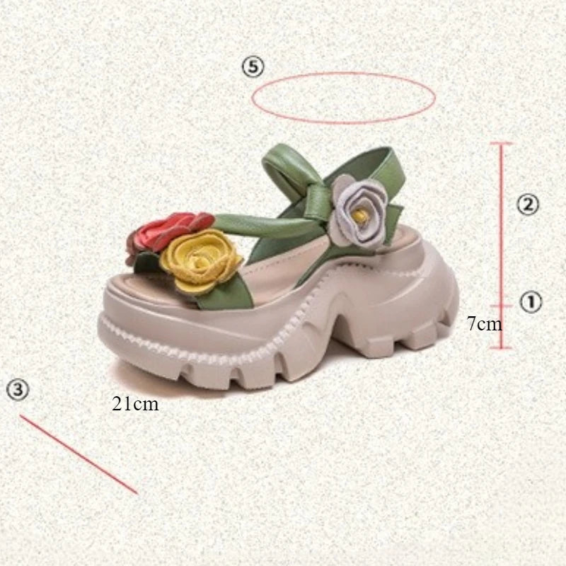 Koznoy 7cm Cow Genuine Leather Platform Wedge Women Summer Flower Slippers Pumps Hook Hollow Mary Jane Sandals Shoes Flats
