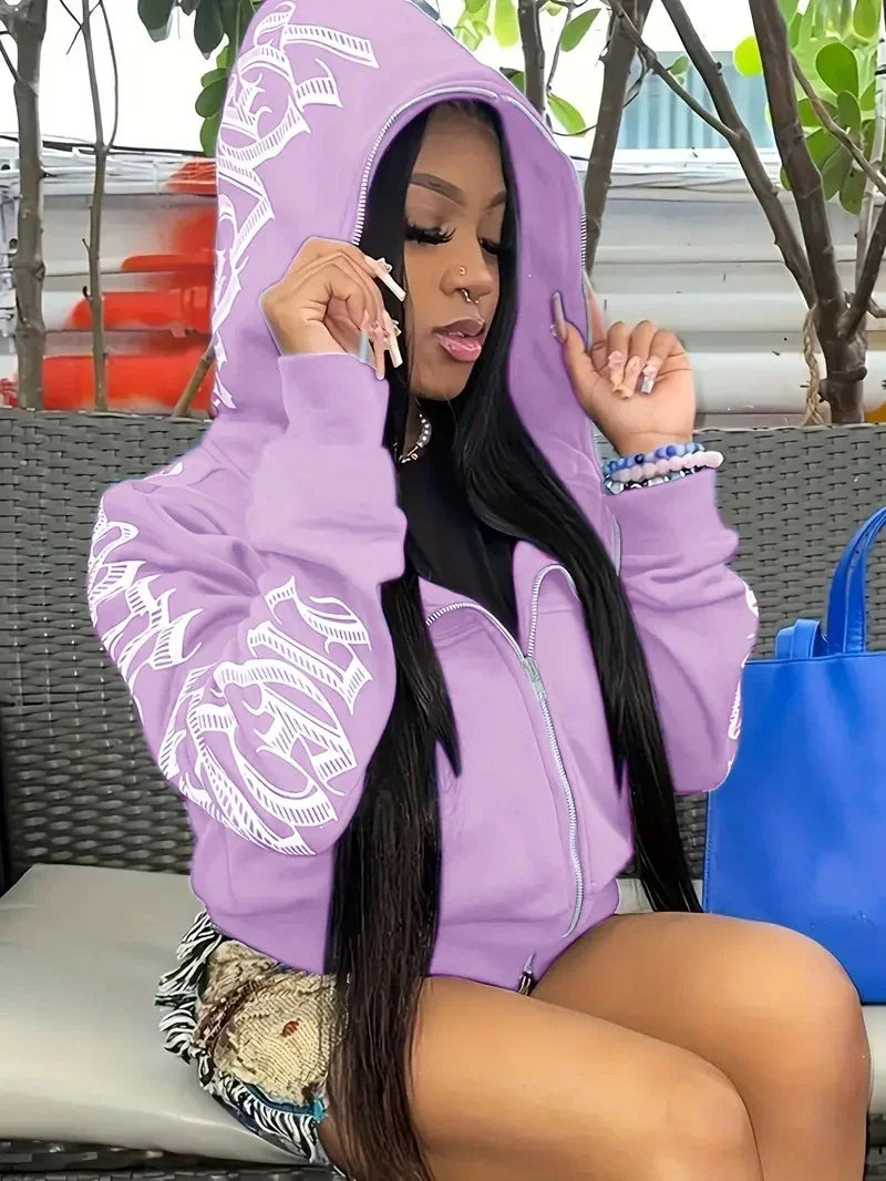 Zip Up Hoodie – Letter Printed – Hooded Silhouette | KIMLUD