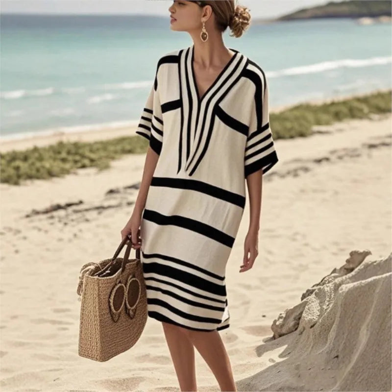 2025 New Vintage Stripe Print Midi Dress Summer Casual Short Sleeve V Neck Vacation Dress For Woman Spring Loose Commute Dresses