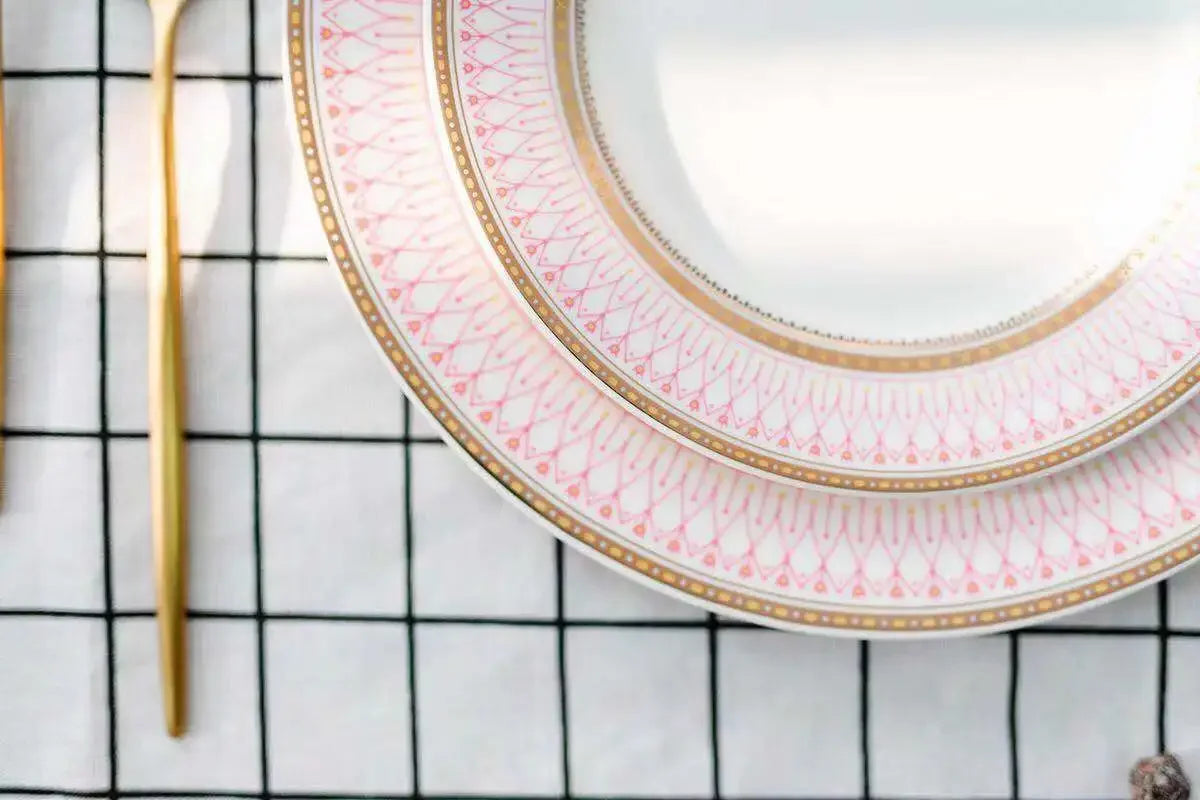 Ceramic European Style Dessert Plate With Gold Rim And Subtle Depth — White | KIMLUD