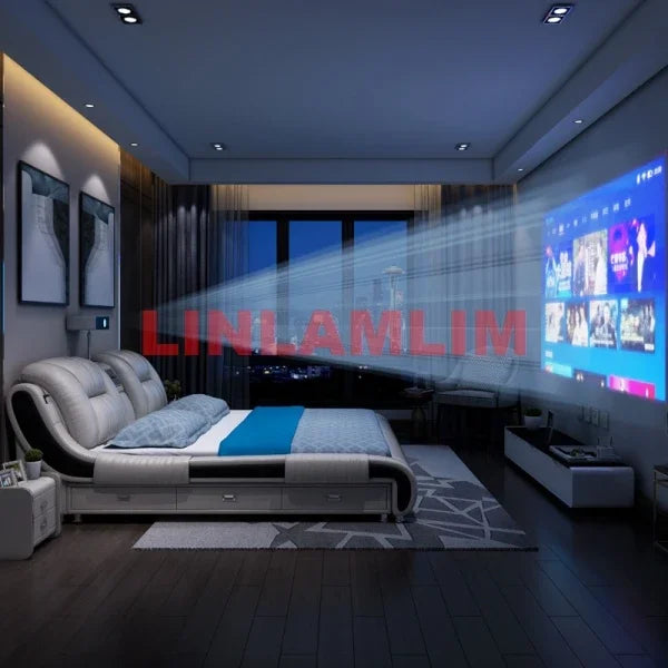 Genuine Leather Bed With Built-In Massage Bluetooth Speaker Air Cleaner Projector And Drawers — White | KIMLUD