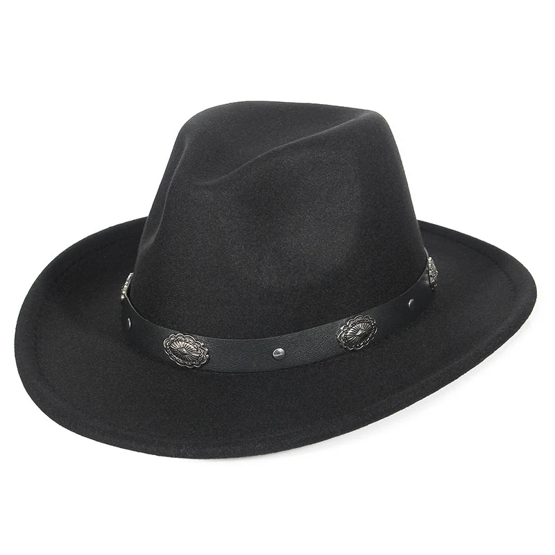 Western Cowboy Hat Wide Brim Belted — Black | KIMLUD