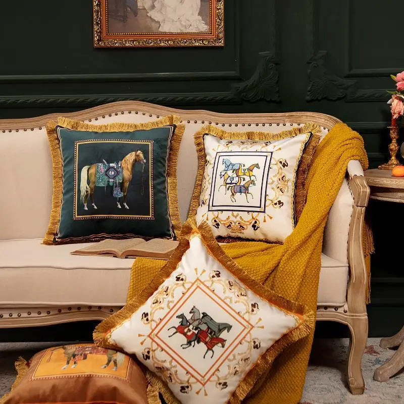 European Retro Horse Printed Pillow Cover Sofa Gold Tassel Pillowcase Velvet Fabric Cushion Cover