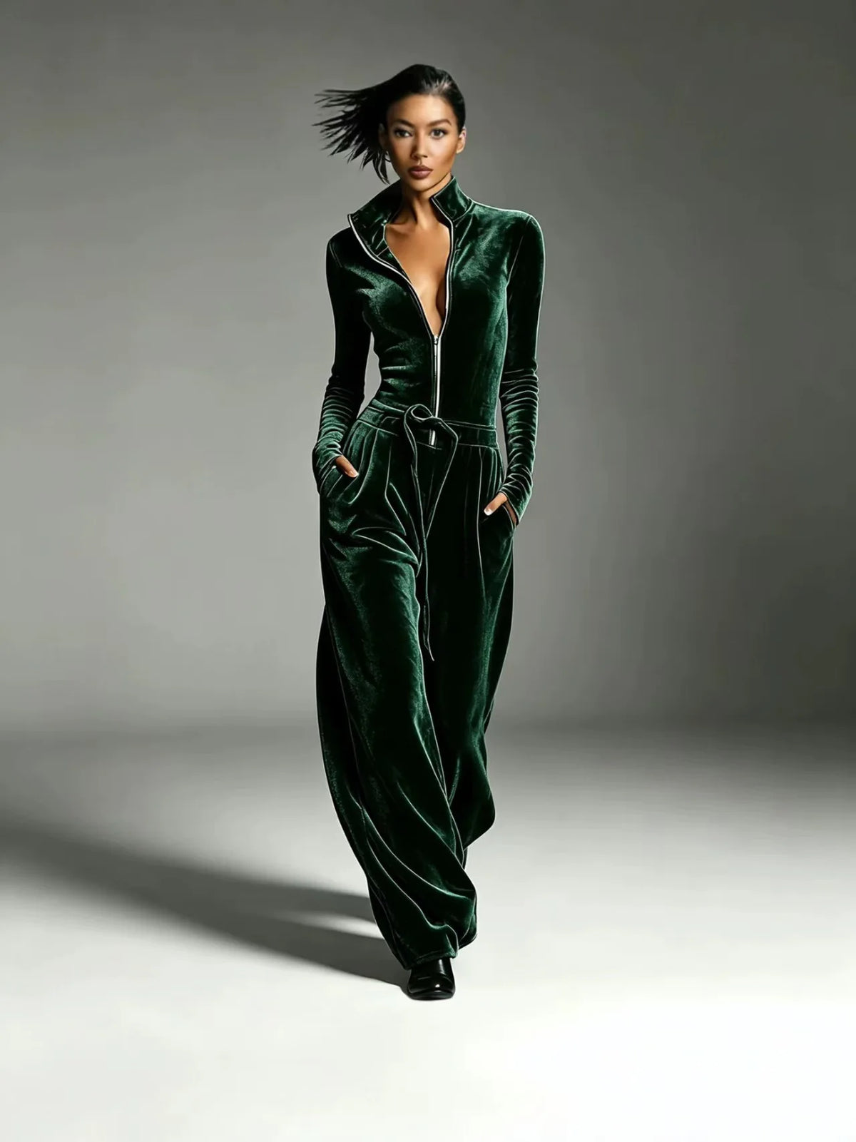 Jumpsuit – Half Zip Stand Collar Drawstring Waist – Velvet | KIMLUD