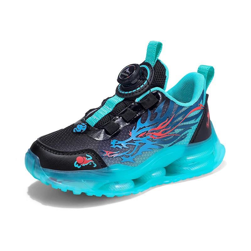 Flame-Print Knit Sneakers For Boys — Lightweight, Anti-Slip Sole, School-Ready Kids Trainers — Black | KIMLUD