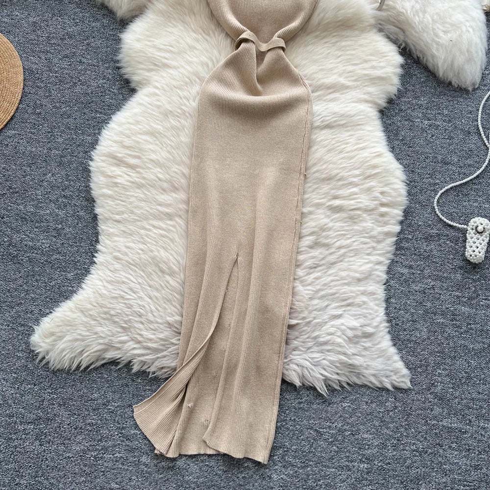 Knit Dot Embellished Bodycon Maxi Dress — Beige | KIMLUD