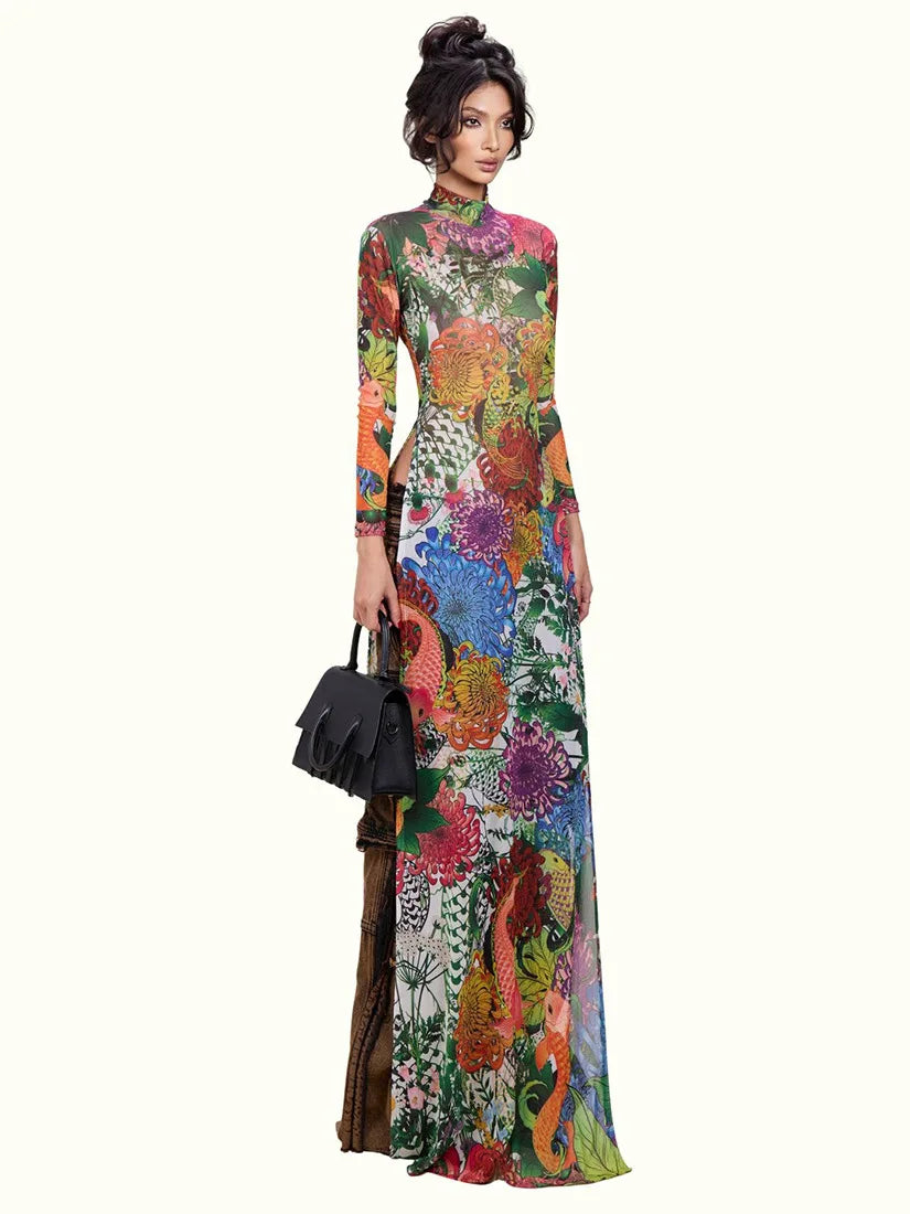 Polyester Top Plant Print Long Sleeve With High Split Hem — Multicolor | KIMLUD