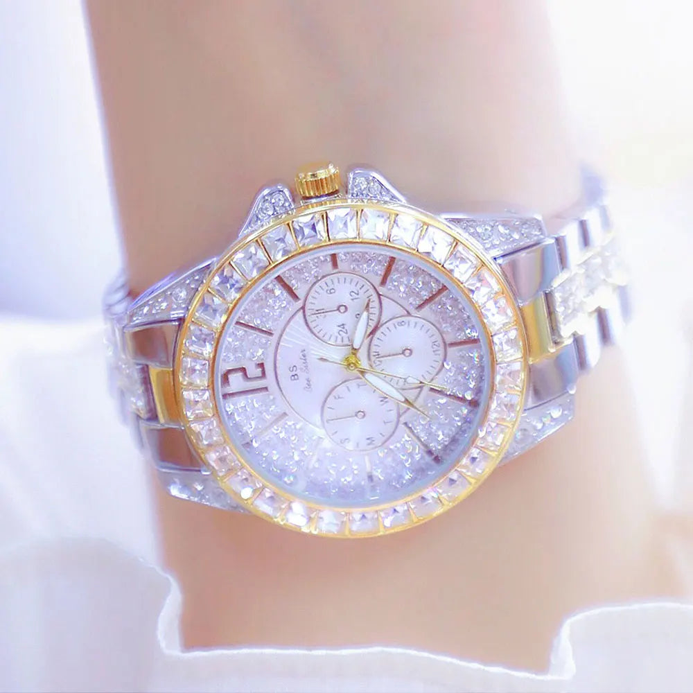 Lux Elegant Diamond Dial Two-Tone Watch — Silver | KIMLUD