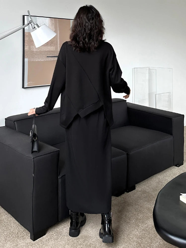 Sweatshirt - Topstitched Irregular Hem - Jersey - Black | KIMLUD