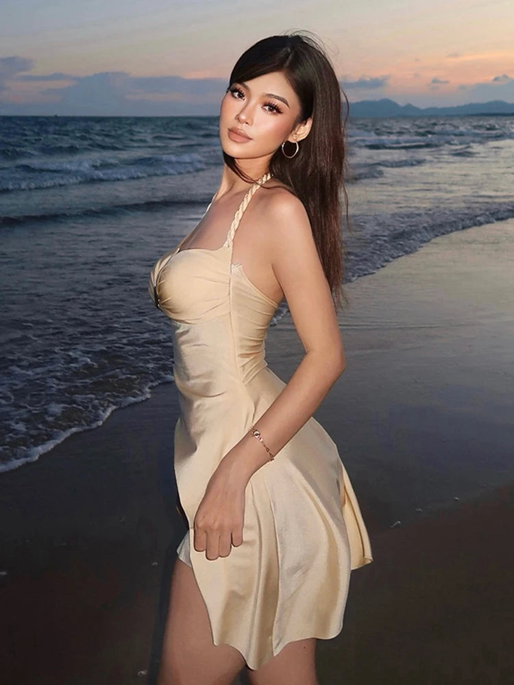 Metallic Satin Dress Halter Backless Ruched — Black | KIMLUD