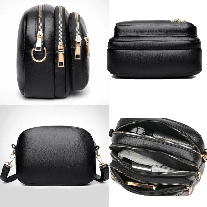Soft Leather Shoulder Messenger Bag With Multiple Pockets And Wear-Resistant Finish — Black | KIMLUD