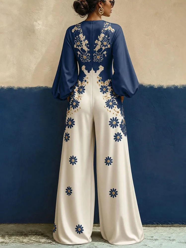 Jumpsuit – Floral Print – Polyester – V-Neck Puff Sleeves | KIMLUD