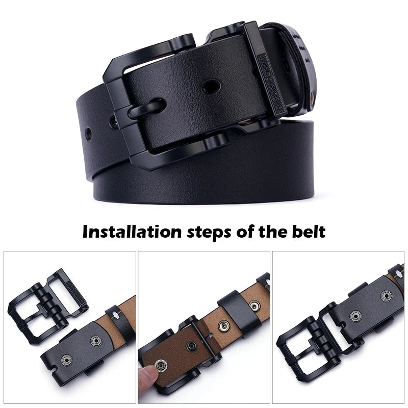 Cowhide Belt Vintage Pin Buckle — Deep Midnight Black | KIMLUD