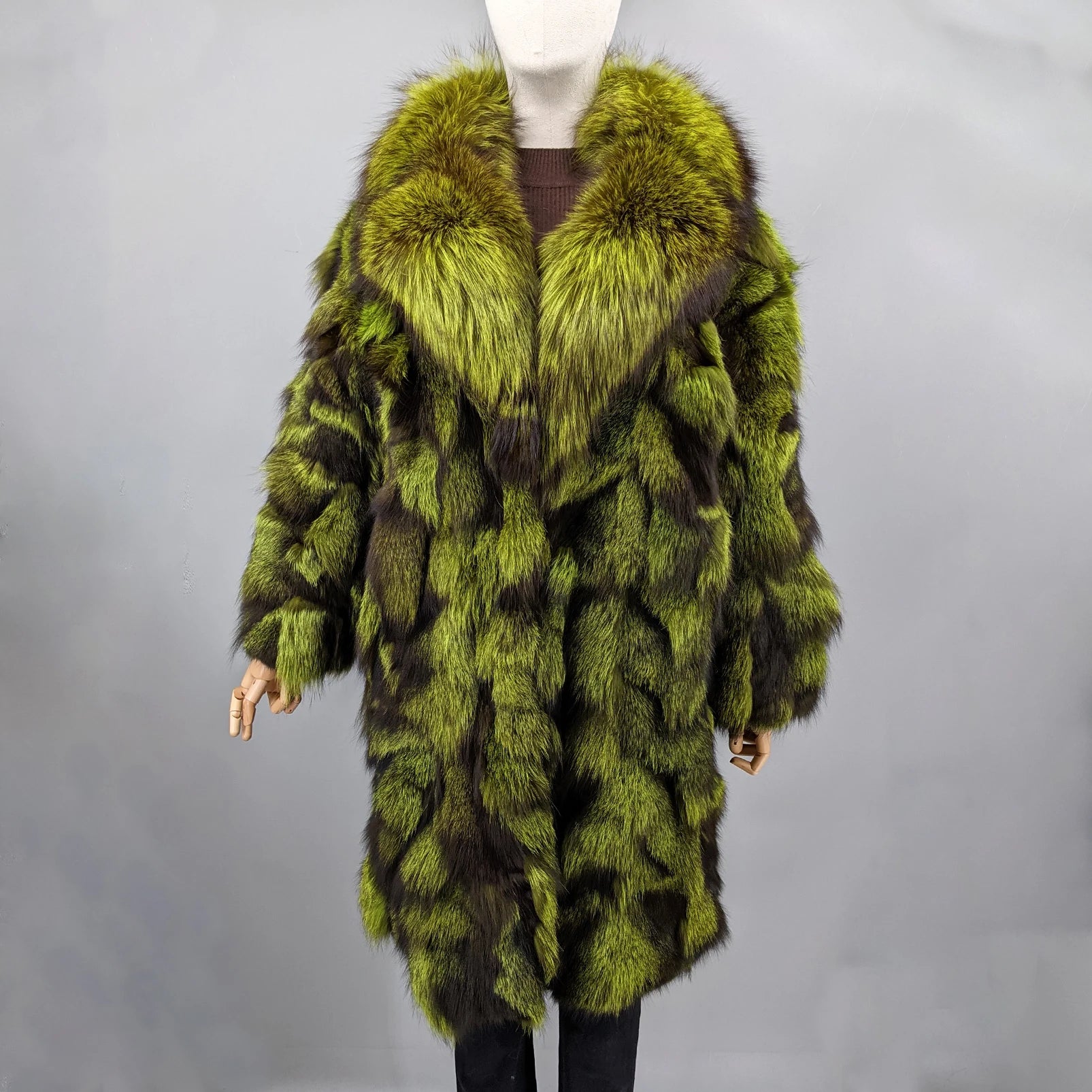 Long Coat – Color-Block – Fox Fur Patchwork – Green-Brown | KIMLUD