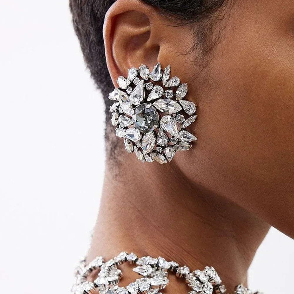 Round Geometric Rhinestone Clip Earrings Wedding Bling — Gold | KIMLUD