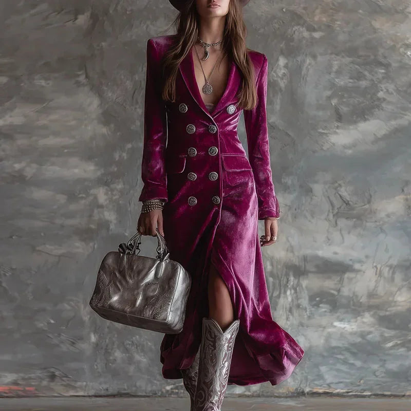 Fall Winter Double Breasted Velvet Cardigan Dress Woman Elegant Lapel Hollow Split Long Dress Vintage Long Sleeve Office Dresses