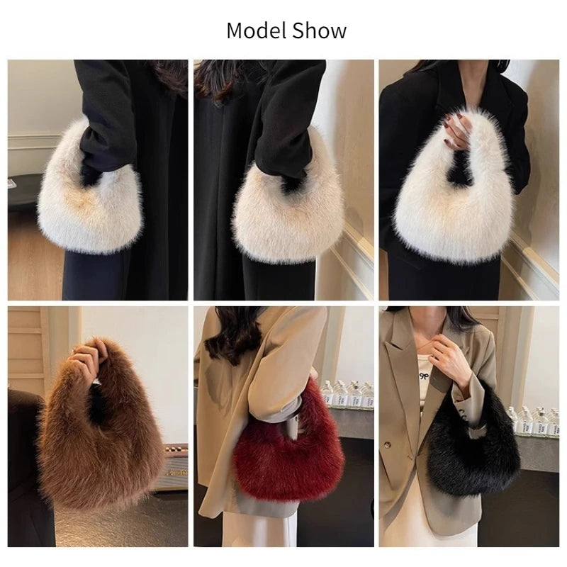 Soft Plush Women's Small Handbags Simple Faux Fur Female Fluffy Clutch Purse Winter Fashion Furry Tote Solid Color Shoulder Bags