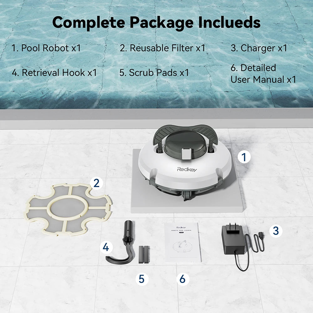 Redkey S100 Cordless Robotic Pool Cleaner Vacuum IPX8 Waterproof 5200mAh Recharge 130 Mins Self-Parking Swimming Pool Cleaner