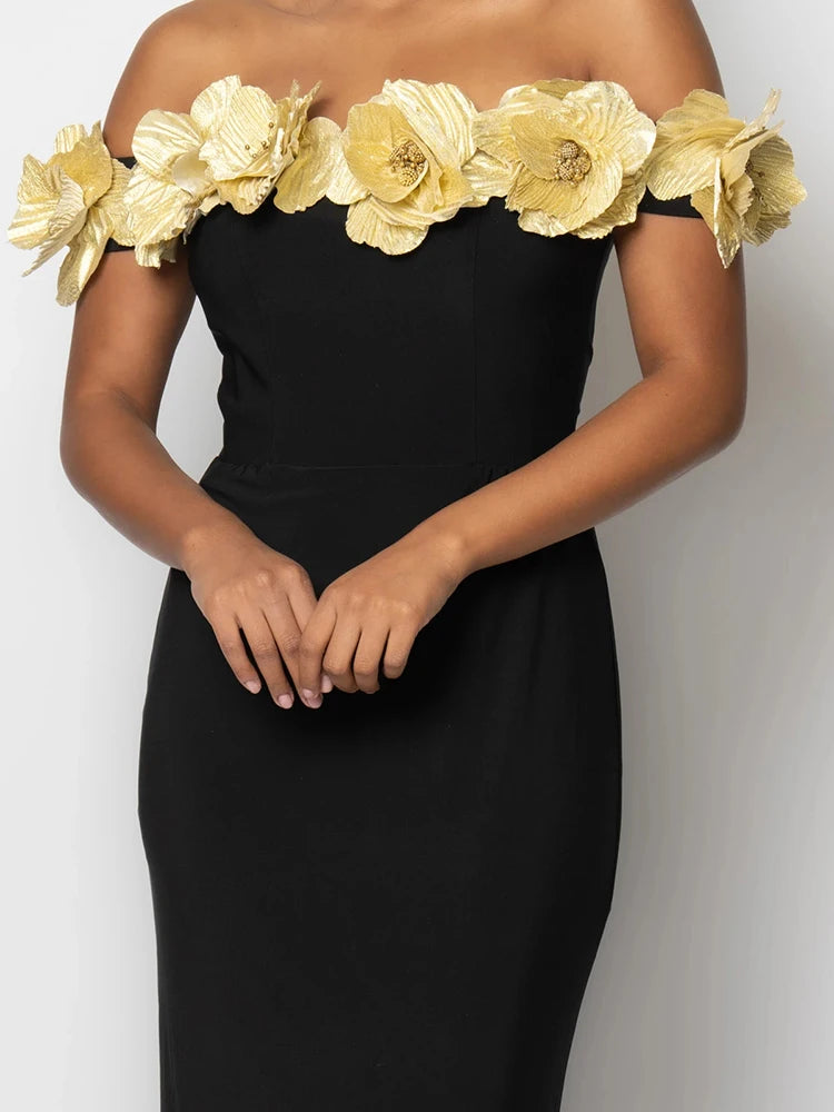 VC Elegant Fashion Off-Shoulder Black Maxi Dress with Golden Floral Embellishments Party Evening Gown