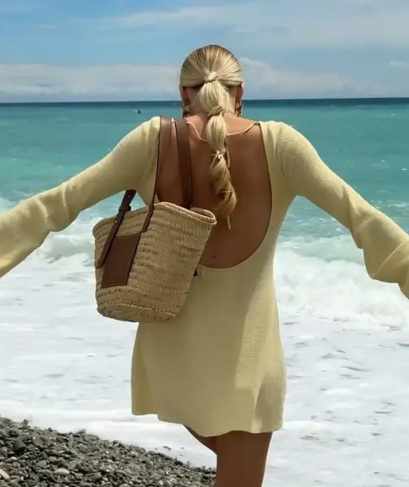 Women Dresses 2026 New Spring Summer Solid Color Spicy Girl Fashion Elegant Round Neck Long Sleeve Backless Slim Mini Dress