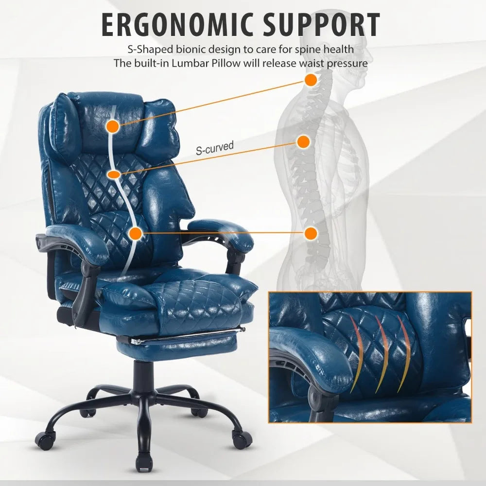 Leather Ergonomic High-Back Office Chair With Footrest And Lumbar Support — Blue | KIMLUD