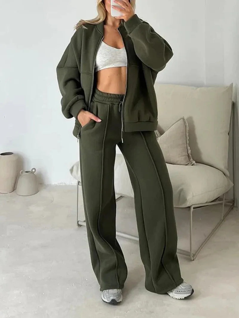 Two-Piece Tracksuit With Zip Sweatshirt And Straight Pants — Olive | KIMLUD