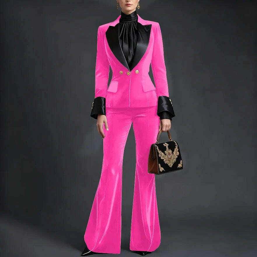 Luxury Velvet Women's Burgundy Suits Three Buttons 2-Piece Set Vintage Satin Peaked Lapel Blazer Flared Pants Evening Outfit