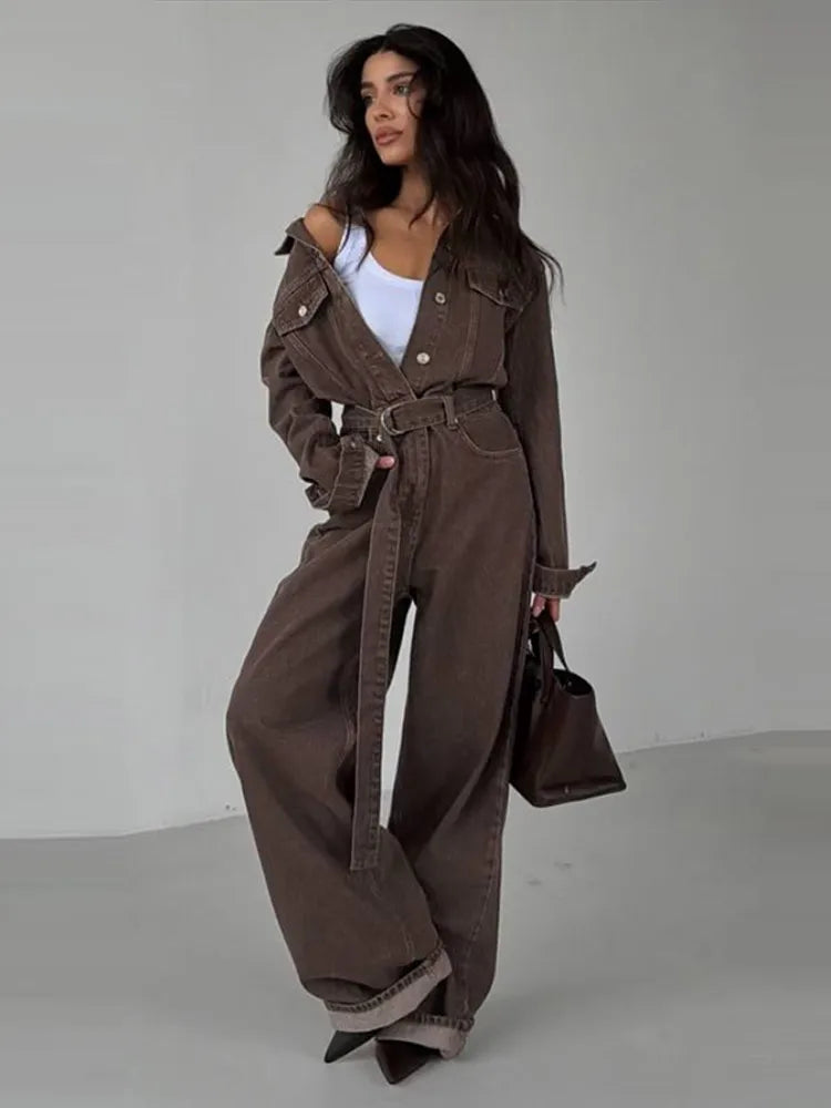 Chic Denim Women's Jumpsuit Turn-Down Collar Lace Up Full Sleeve Lady Long Jumpsuits 2026 Spring Casual Female Streetwear