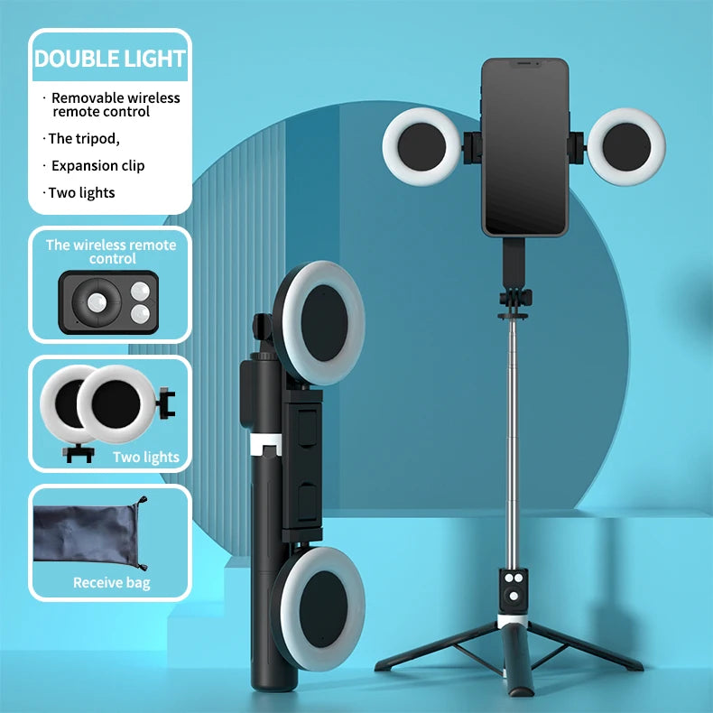 Bluetooth Wireless Selfie Stick Portable Dual Fill Light with Tripod Telescoping Bracket for iPhone Xiaomi Makeup Live Streaming