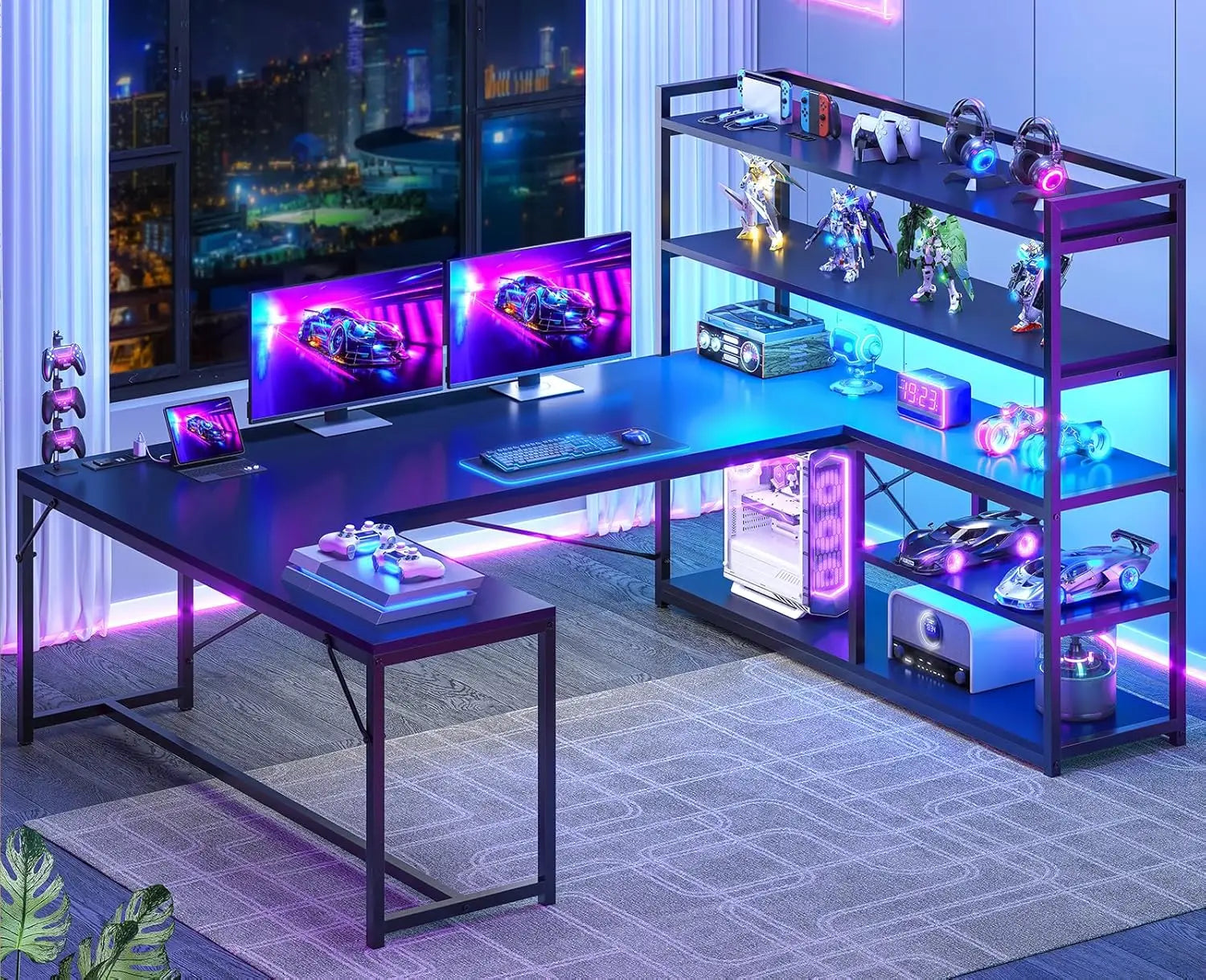 L-Shaped Desk With LED Lights, Power Outlet and Storage — Obsidian Blue | KIMLUD