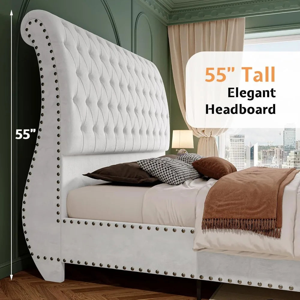 Velvet Upholstered Sleigh Bed Frame — White | KIMLUD