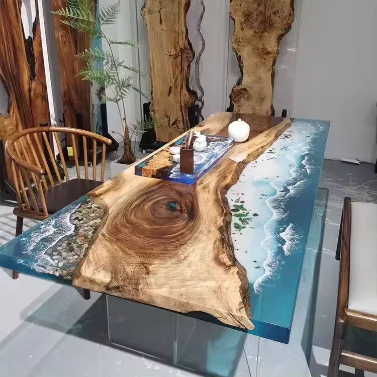 Walnut Solid River Epoxy Dining Table — Walnut | KIMLUD