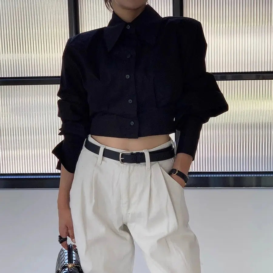 Polyester Blouse Turn-Down Collar Long Sleeve — White | KIMLUD